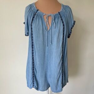 Muche et Muchette Blue Rayon Embroidered Short Sleeve Tie Neck Romper One Size
